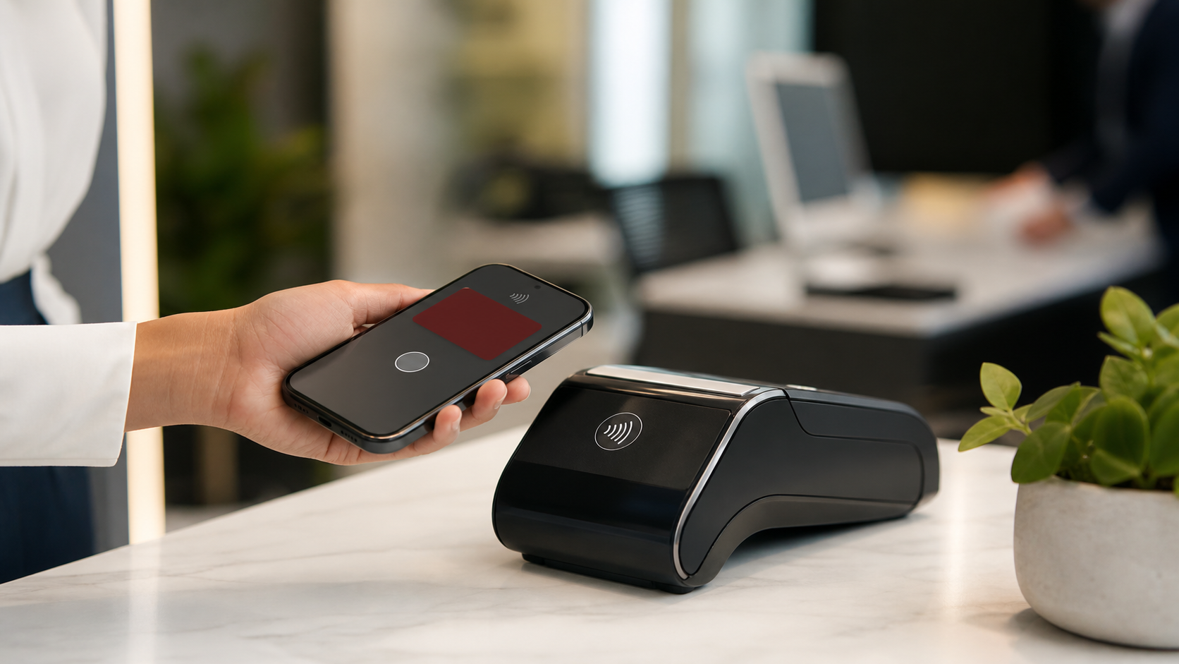 A smartphone digital wallet being used near a payment terminal